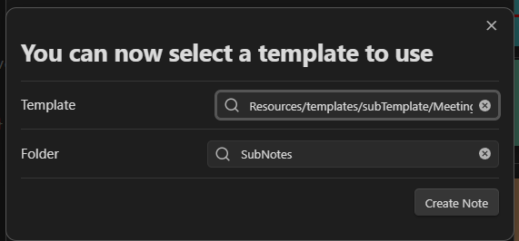 The popup to select a template when creating an Eventnote